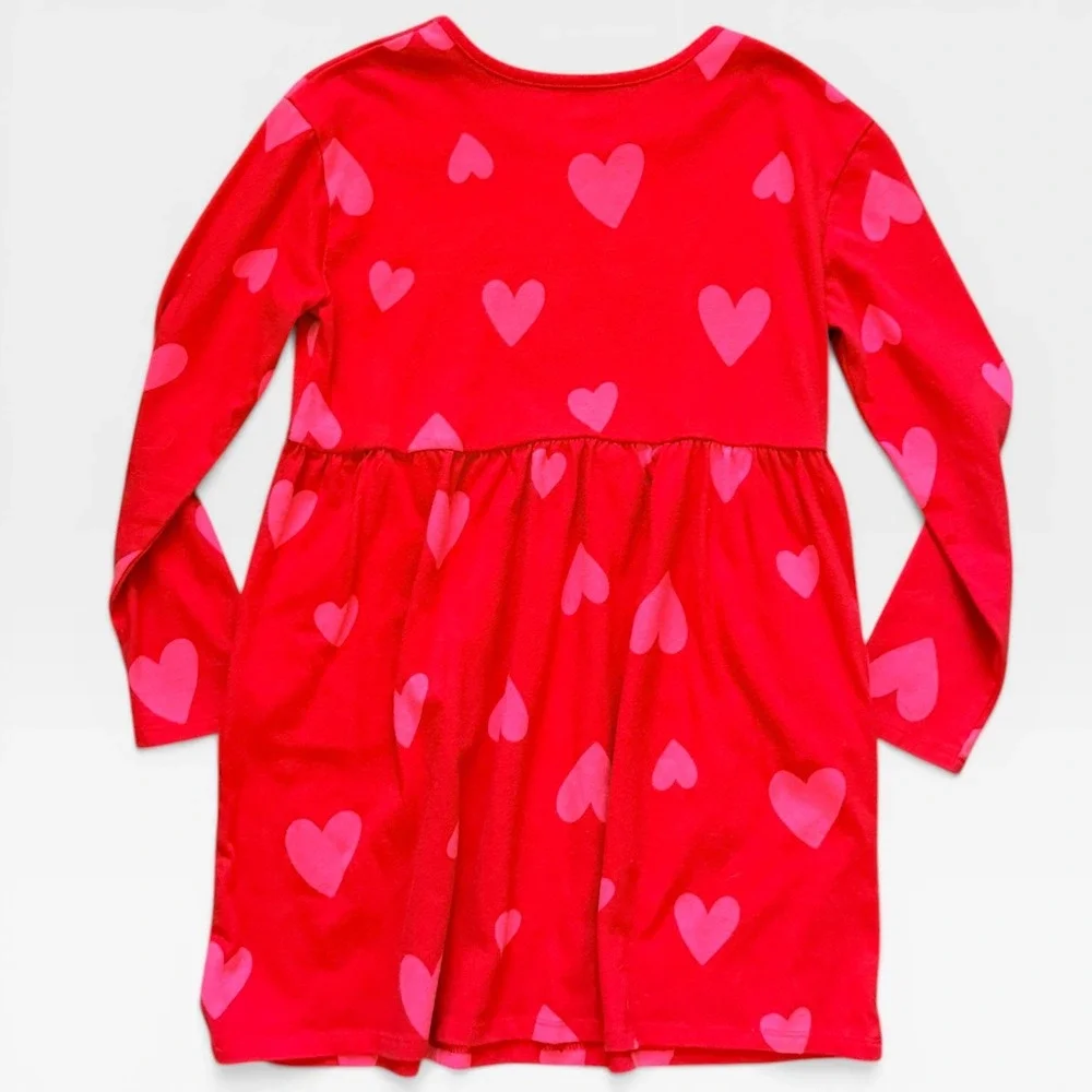 Cat & Jack Girls Red Pink Heart Print‎ Long Sleeve Pocket Dress Size M 8